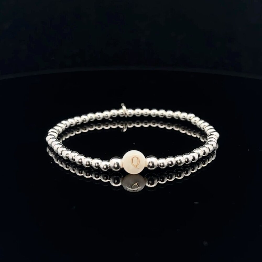 925 Sterling Silver Beaded Stretch Stacking Bracelet MOP Letter Initial Q